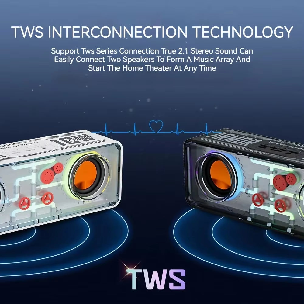 1PC LED TWS Bass Vibro-Sound PUNK Style Dual Speakers Transparent Mechanical Wireless Bluetooth Speakers